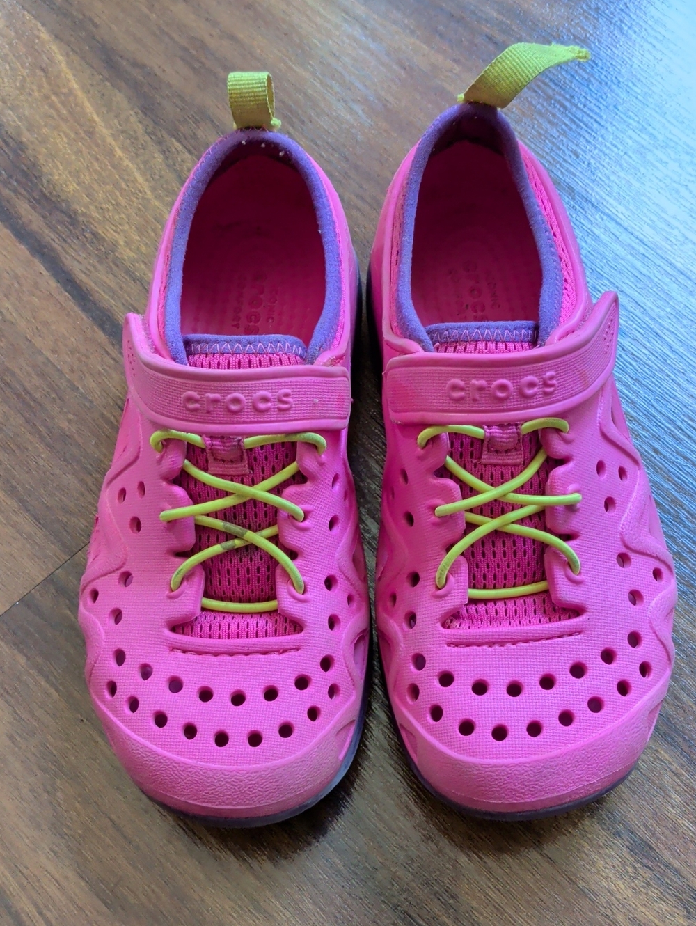 CROCS Kids Bright Pink Shoes with Lime Accents